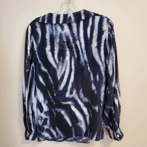 St. John Silk Blouse Size 4 tie Dye Cowl Neck Black Blue White Zebra Animal - Picture 10 of 14